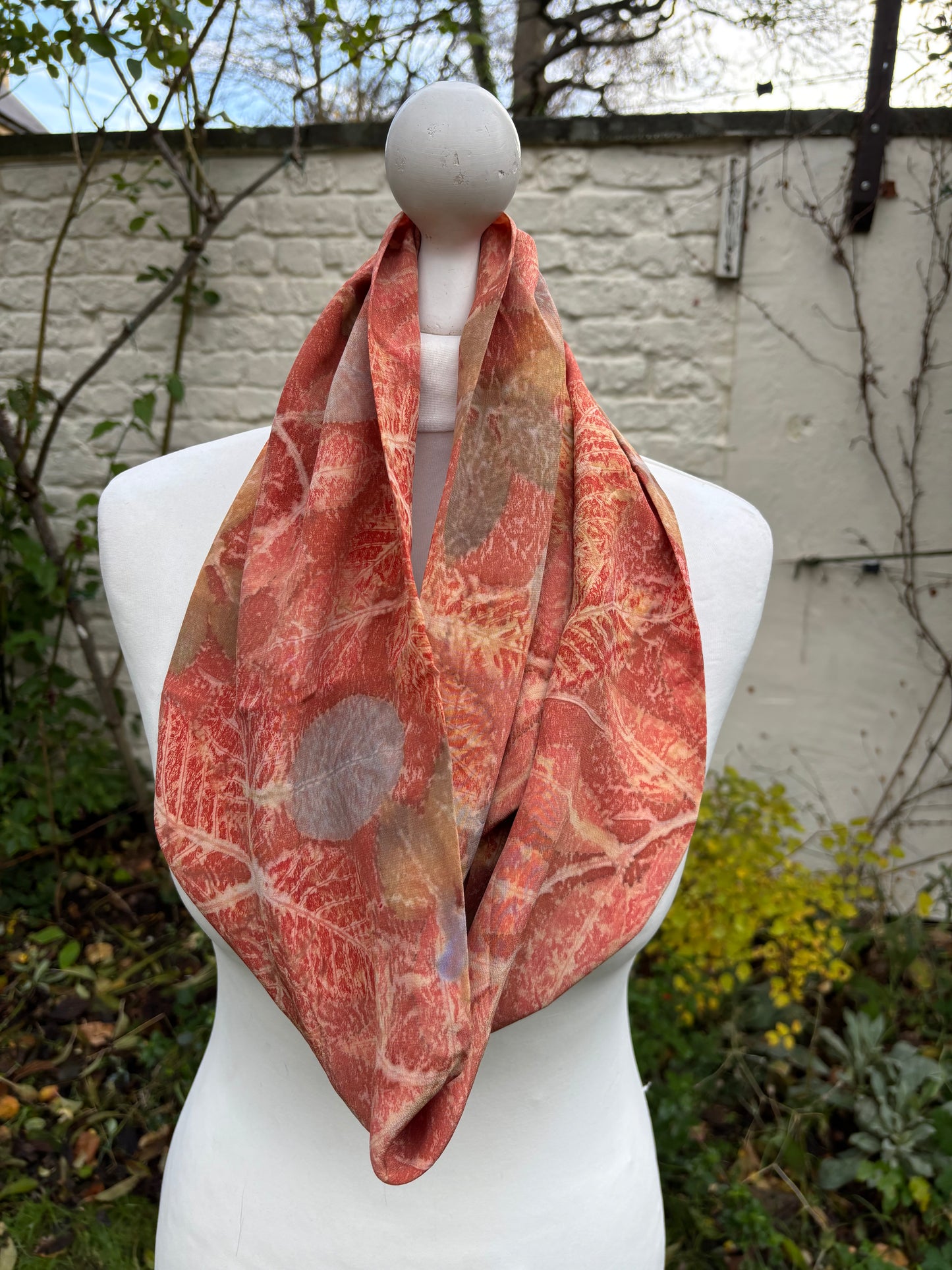 Crepe de Chine Silk Infinity Scarf dyed with Madder, with Horse Chestnut, Cotinus and Virginia Creeper Leaves [SC310]