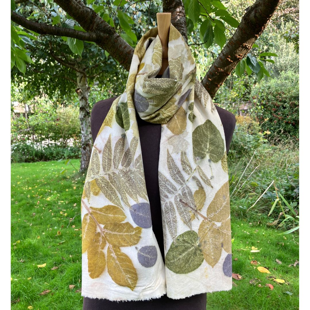 Silk Noil Scarf/Shawl Printed with Local Leaves  [SC224] image 2