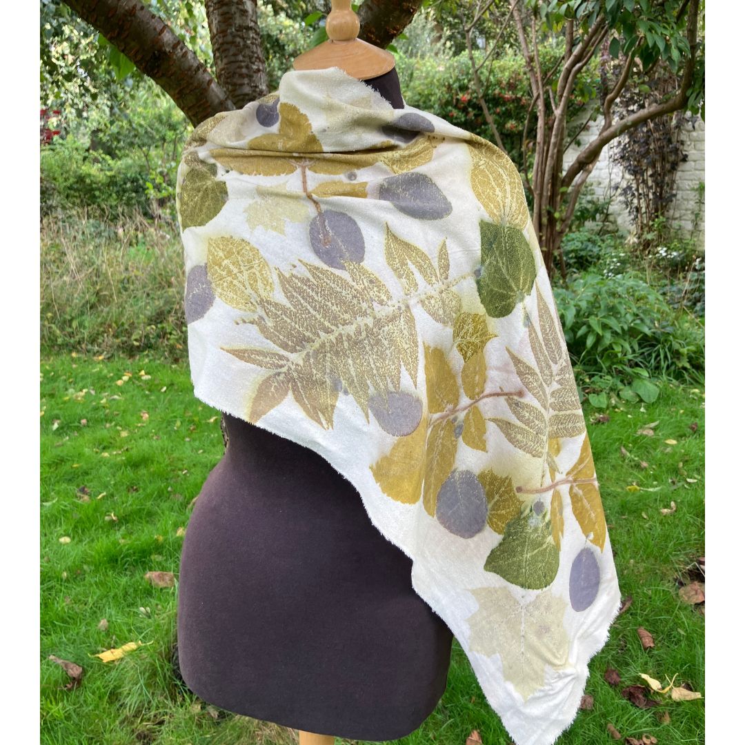 Silk Noil Scarf/Shawl Printed with Local Leaves  [SC224] image 3
